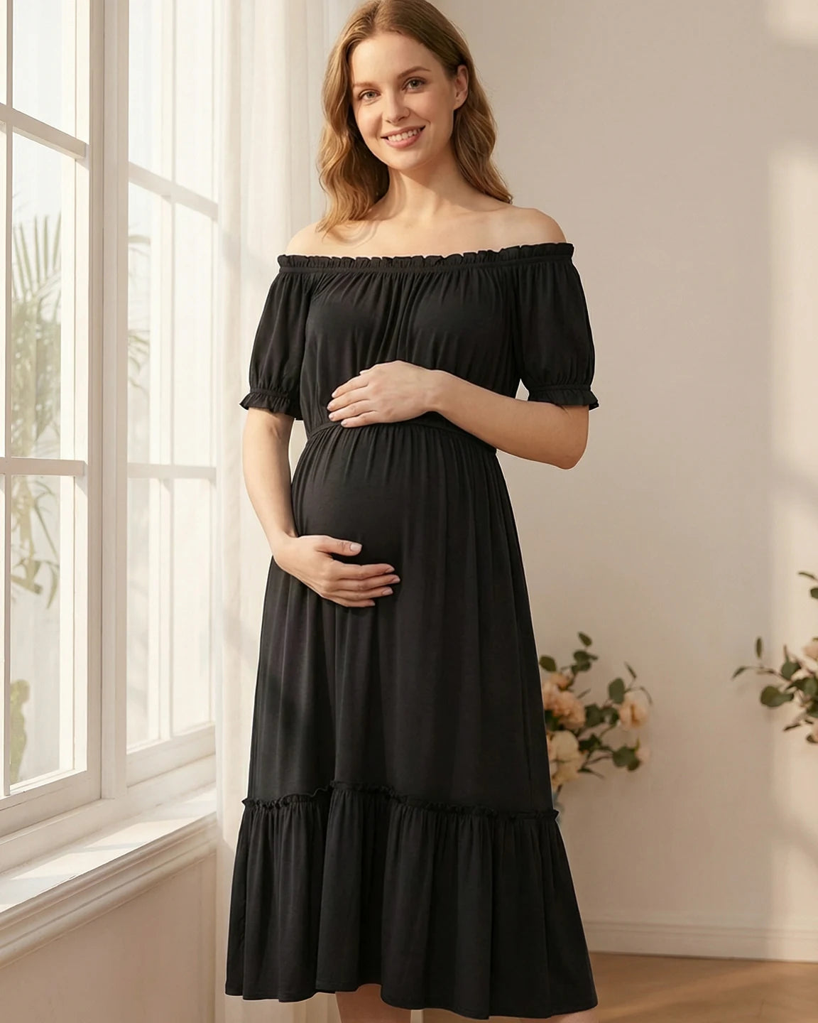 Ruched Off-Shoulder Maternity Midi Dress
