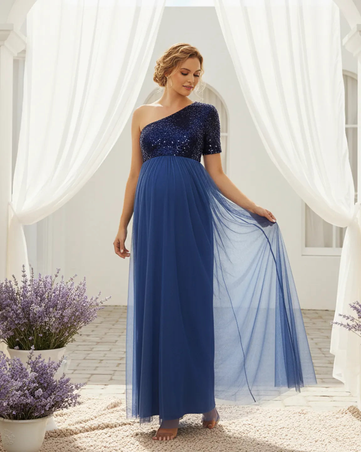 Sequin One-Shoulder Glamour Maternity Maxi Dress