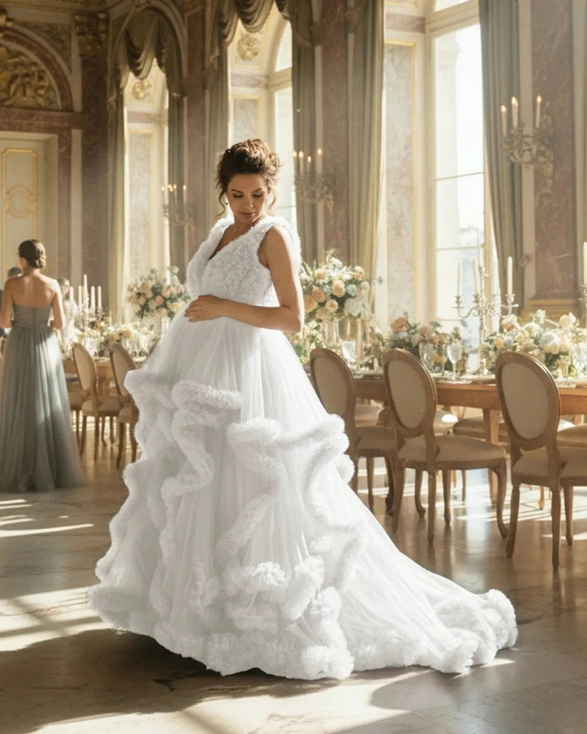 Ruffled Bodice Multi-Layer Mesh Pleats Maternity Gown