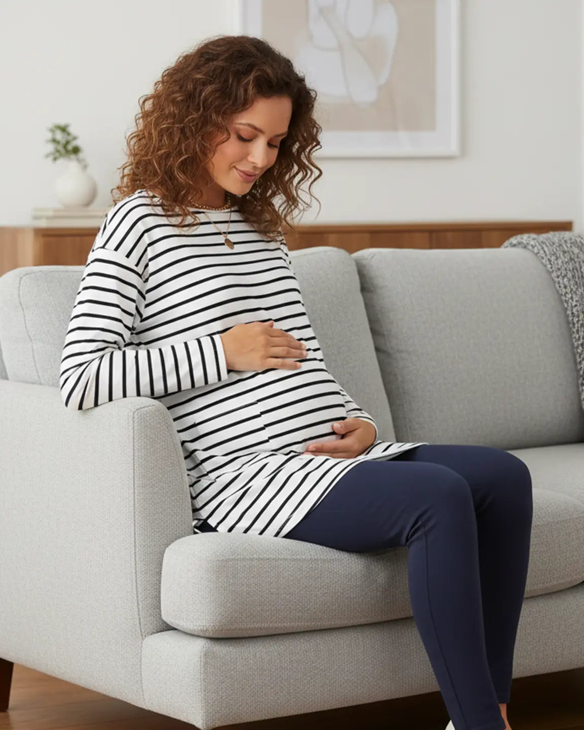 Striped Round Neck Long Sleeve Maternity Top with Pockets