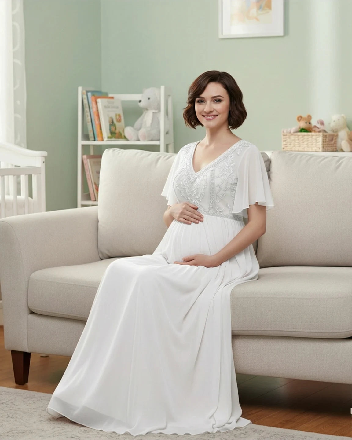 Embroidered Bodice Long Train Maternity Photoshoot Gown