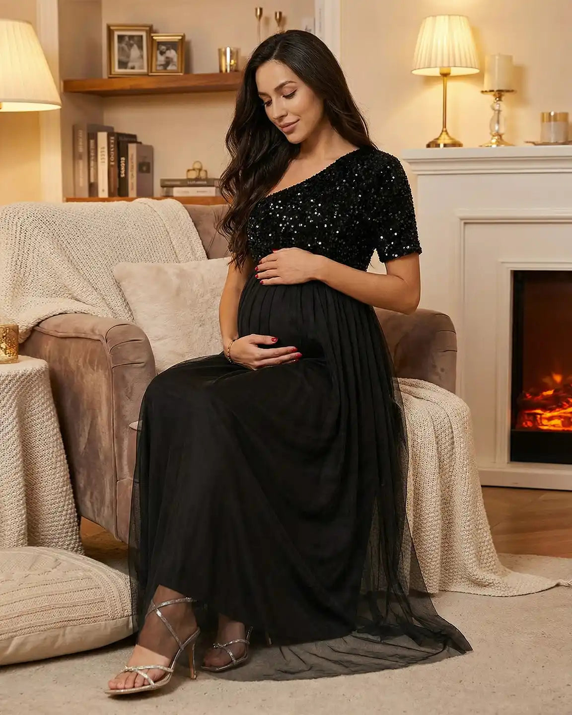 Sequin One-Shoulder Flowing Mesh Maternity Maxi Dress