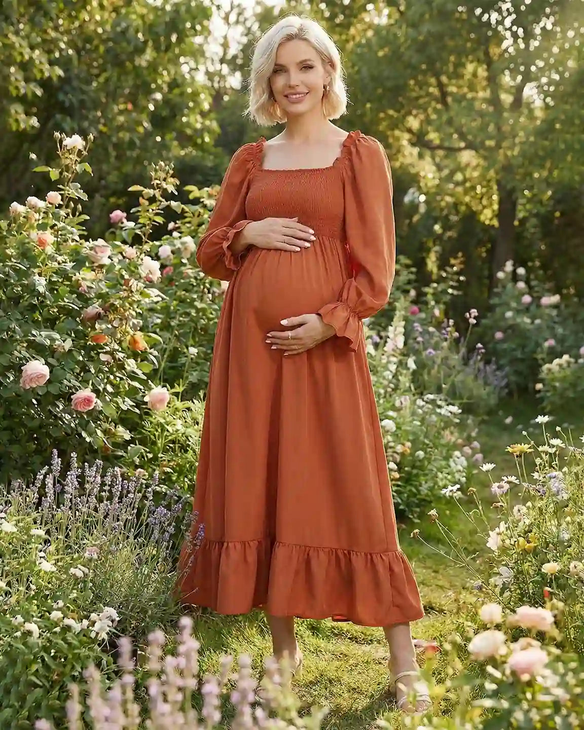 Ruffled Square-Neck Babydoll Maternity Maxi Dress