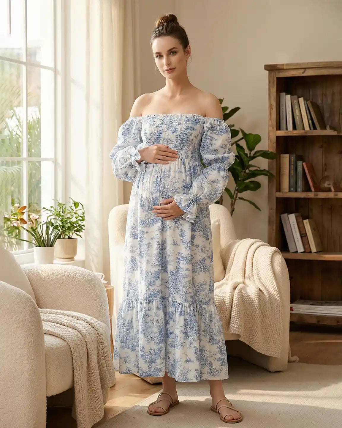Puff Sleeves Floral Tiered Maternity Maxi Dress