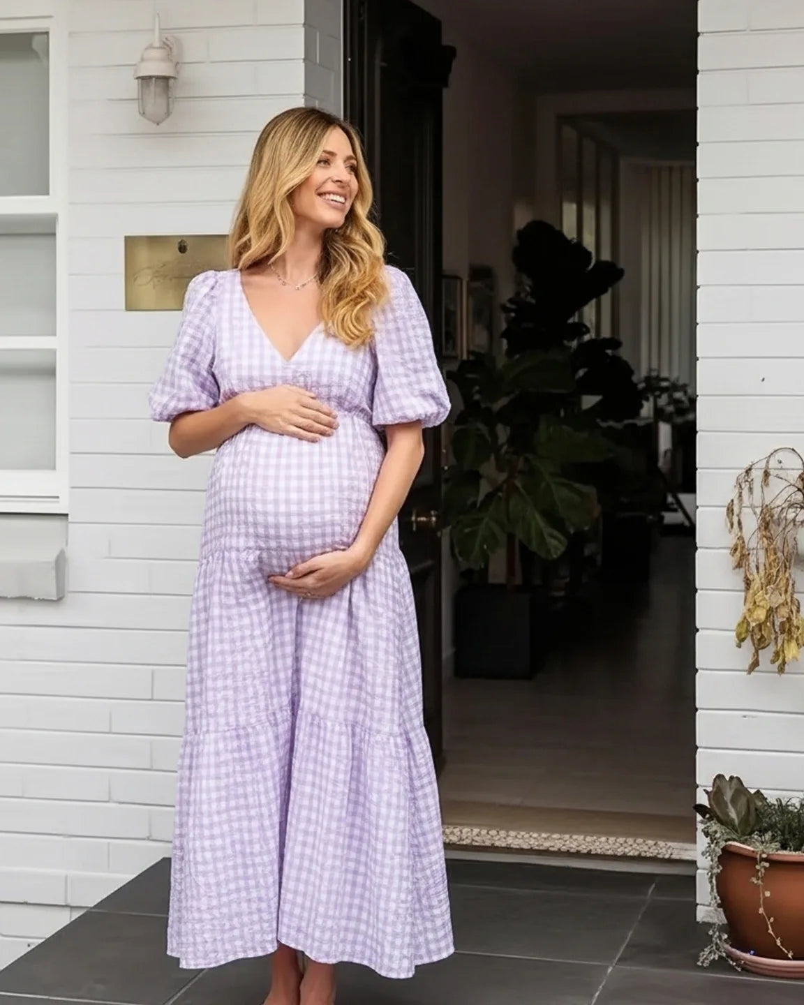 Puffed Sleeves Checkered Maternity Maxi Dress