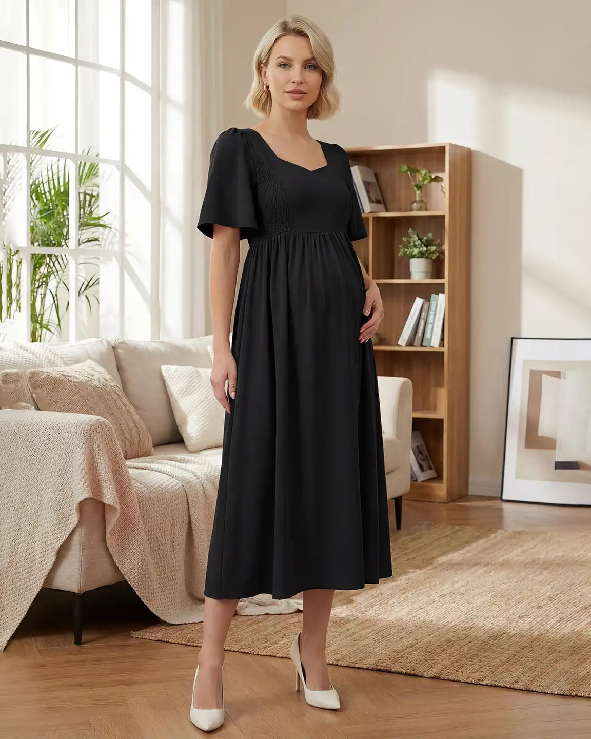 Shirred Ruffle Sleeve Swing Maternity Midi Dress