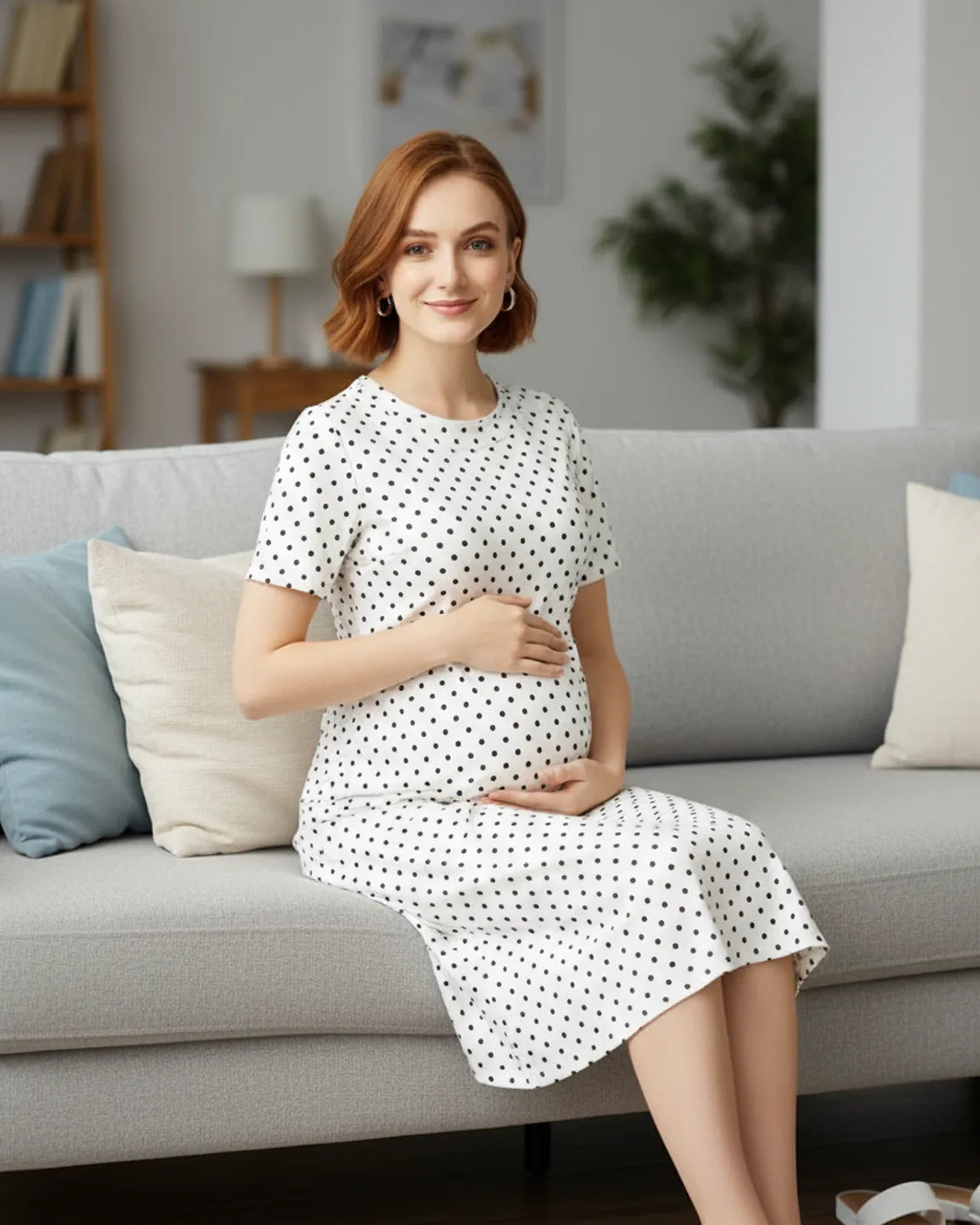 Short Sleeve Polka Dot Print Maternity Midi Dress
