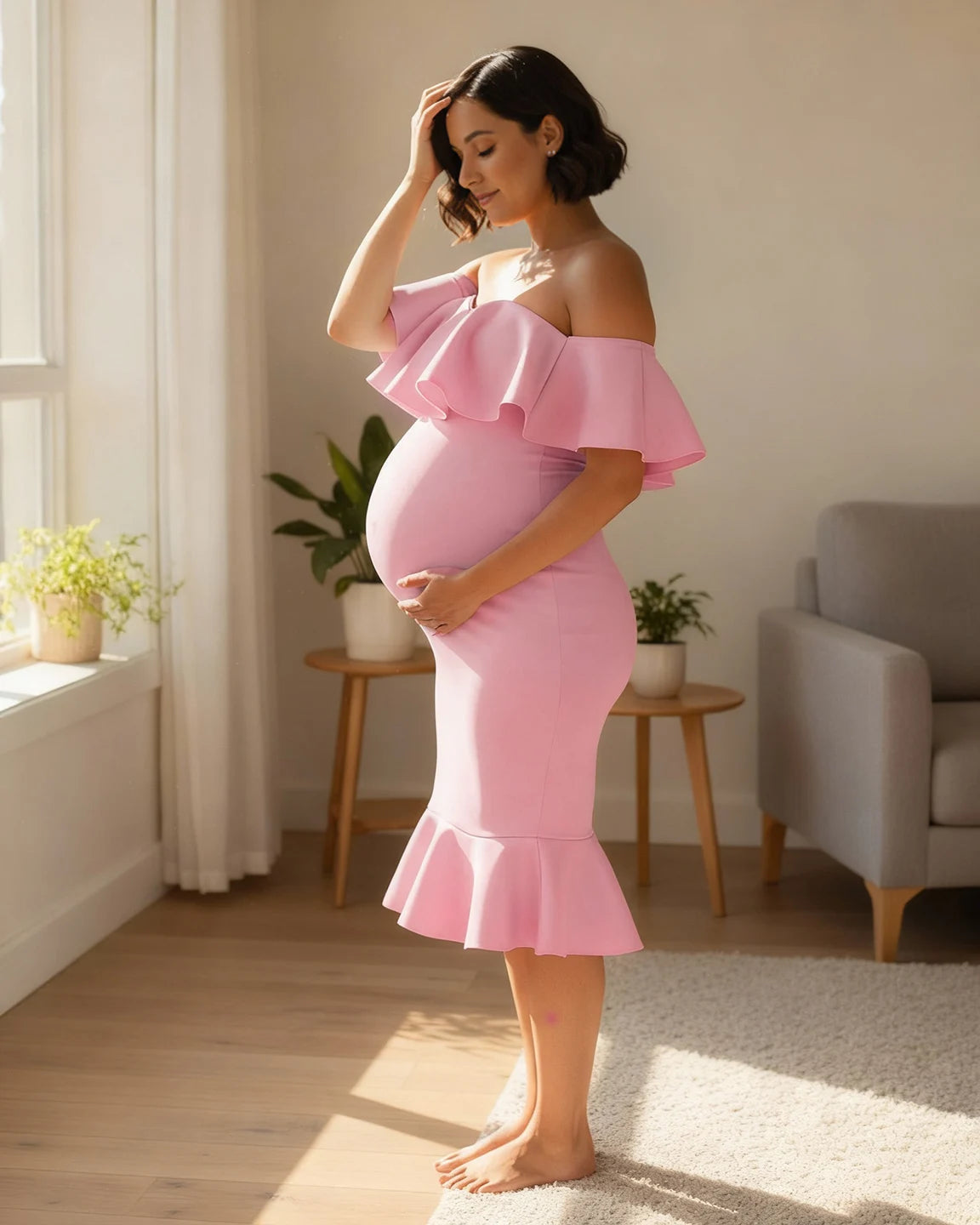 Ruffled Off-Shoulder Mermaid Hem Maternity Photography Gown