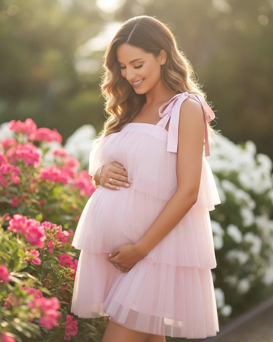 Bow-Tie Tulle Cake-Layer Maternity Mini Dress