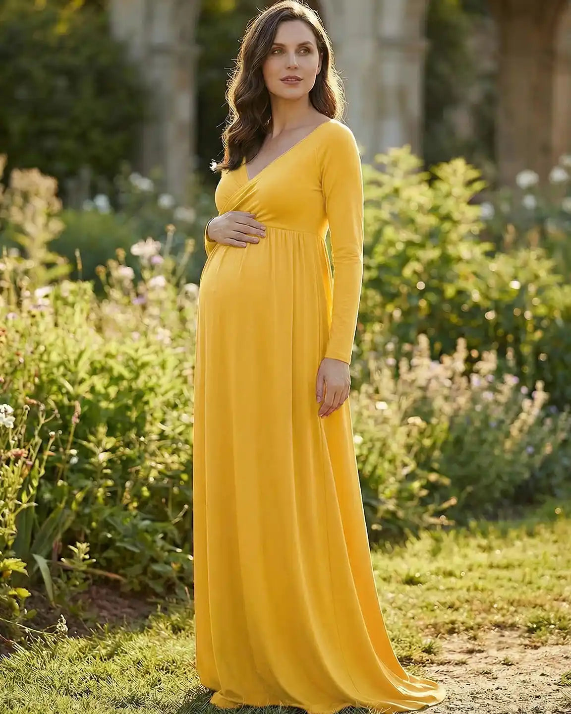 Long-Sleeve Full Train Maternity Maxi Dress