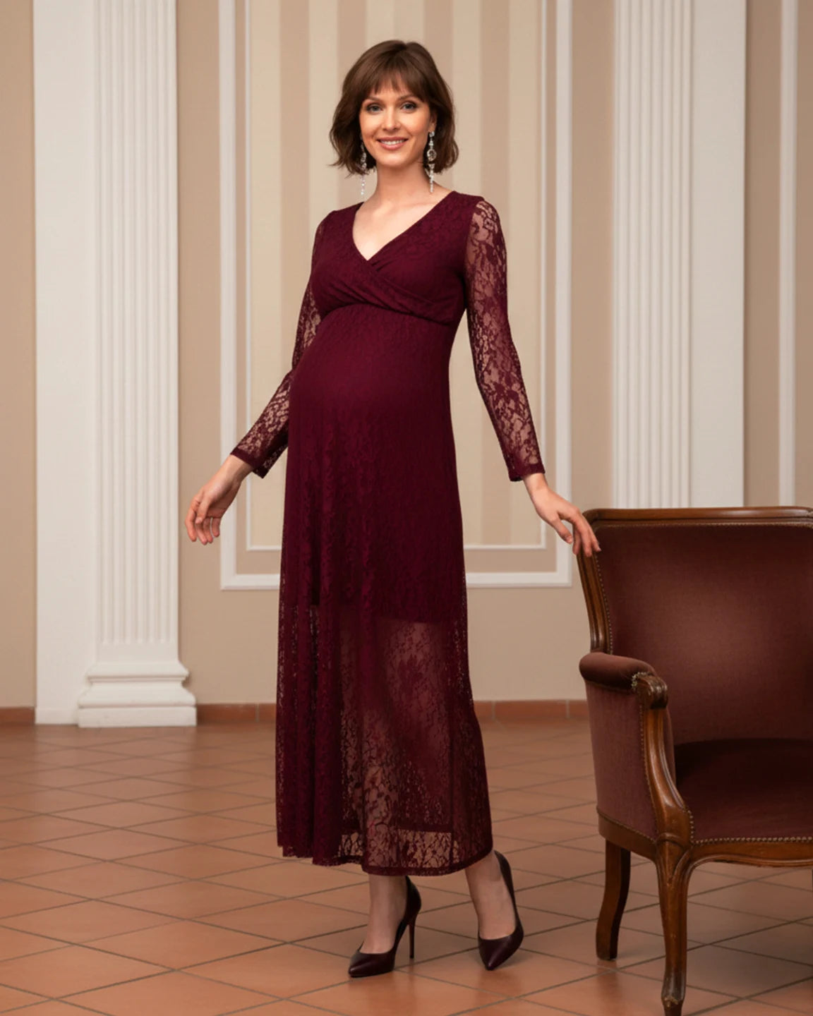 Sheer Lace Long Sleeve Maternity Midi Dress