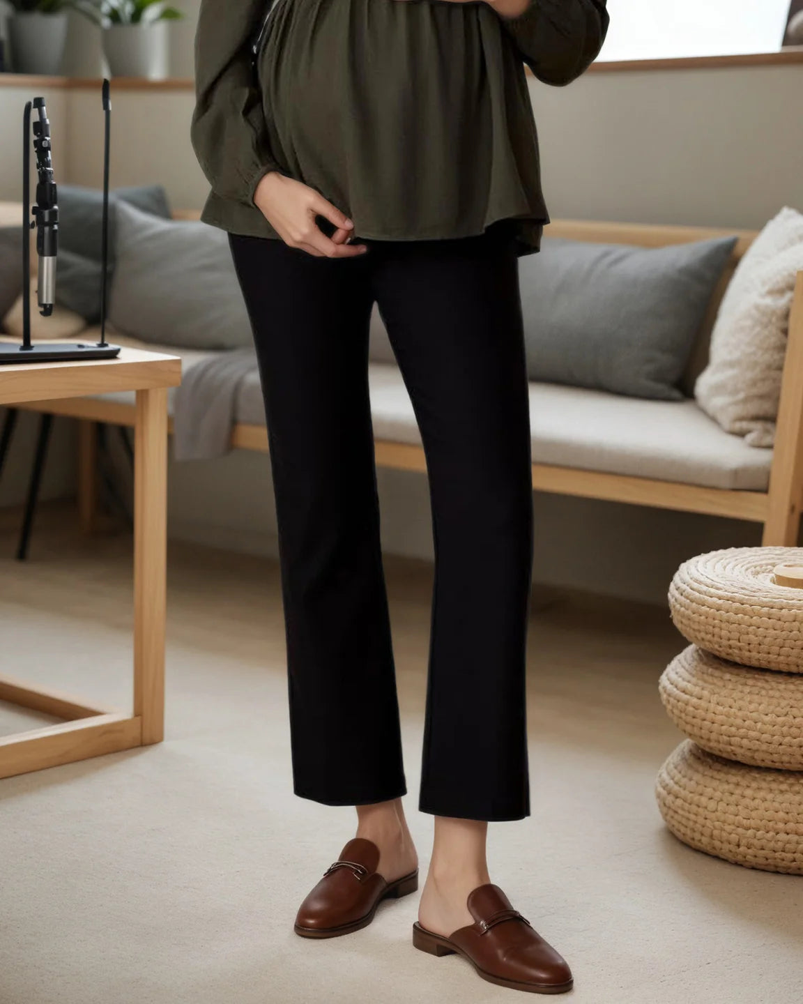 Mid-Waist Flared-Leg Maternity Pants with Pockets