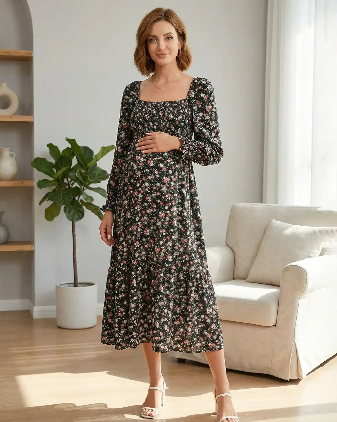 Shirred Bodice Relaxed Maternity Midi Dress
