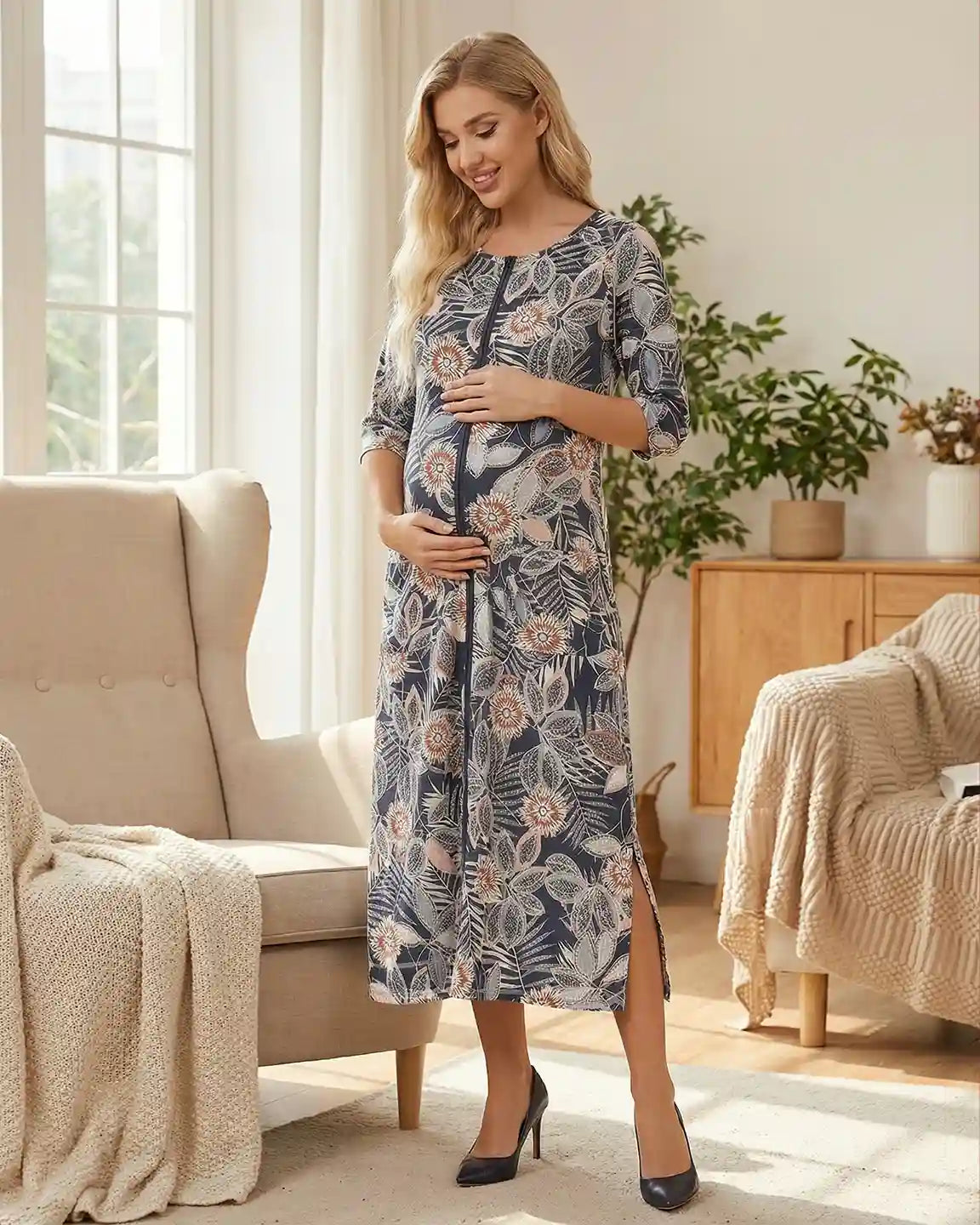 Full Front Zipper Floral Maternity Nursing Lounge Dress