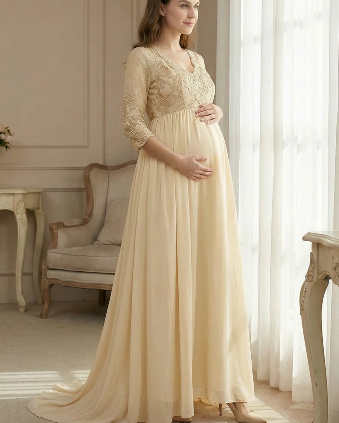 Sheer Lace Bodice Trailing Maternity Photoshoot Dress