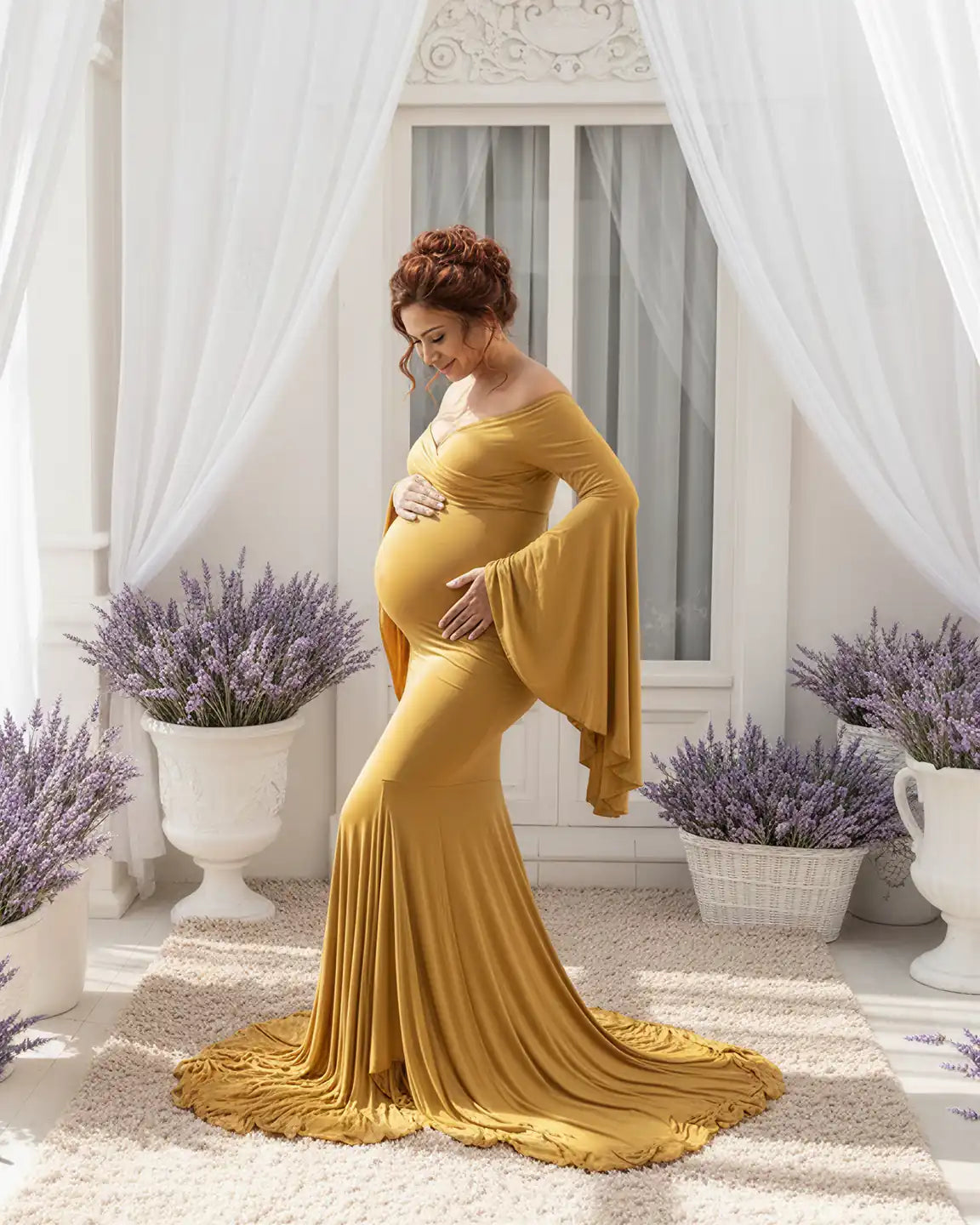 Flared Sleeve Fishtail Train Maternity Photoshoot Dress
