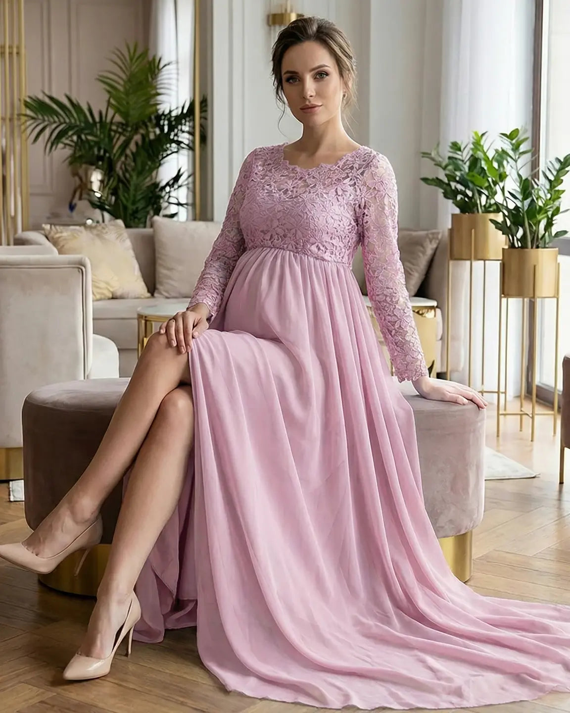Lace Bodice Trailing Skirt Maternity Photoshoot Gown