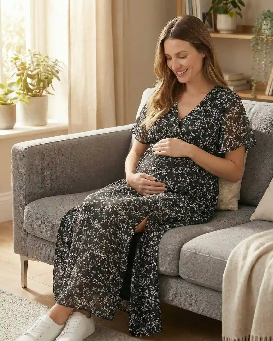 Cinched Waist Bohemian Style Maternity Maxi Dress