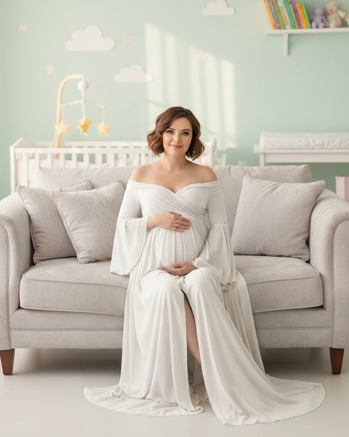Bell Sleeves Super Long Train Maternity Photoshoot Gown