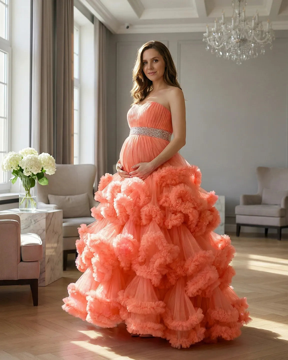 Strapless Bodice Multi-Layered Ruffled Skirt Maternity Photoshoot Dress