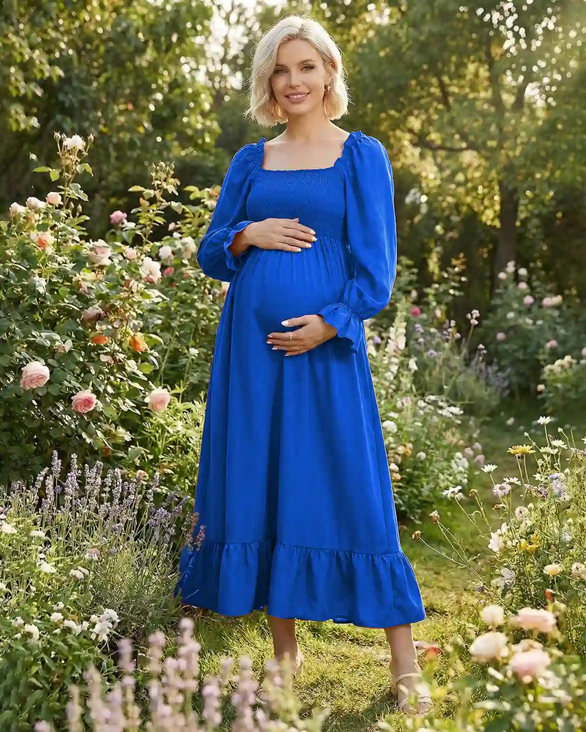 Ruffled Square-Neck Babydoll Maternity Maxi Dress