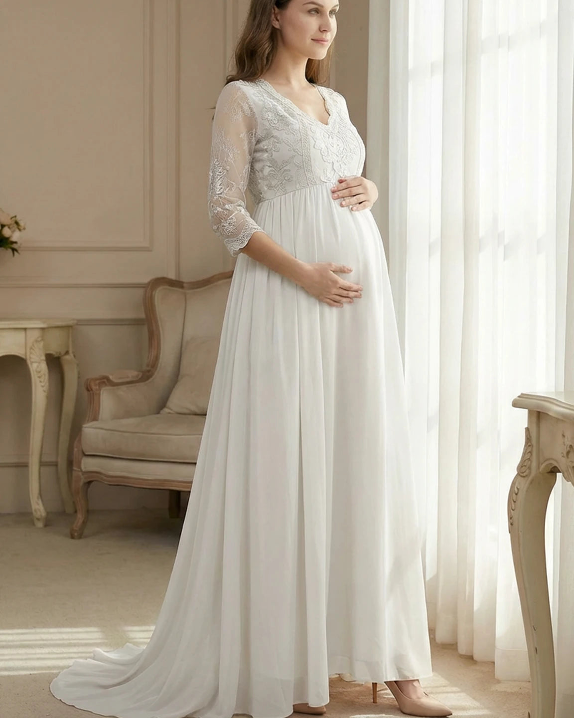Sheer Lace Bodice Trailing Maternity Photoshoot Dress