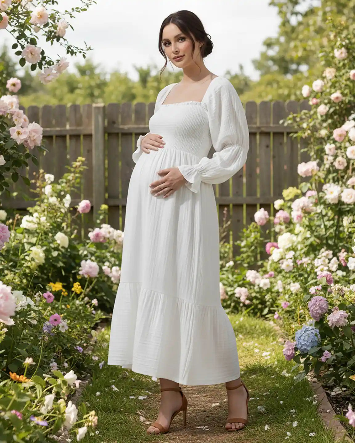 Puffed Long-Sleeve Tiered Skirt Maternity Maxi Dress