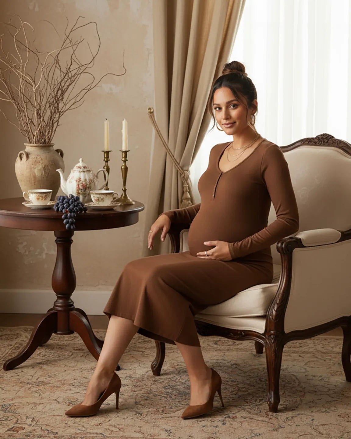 Ribbed Knit Long-Sleeve Maternity Midi Dress