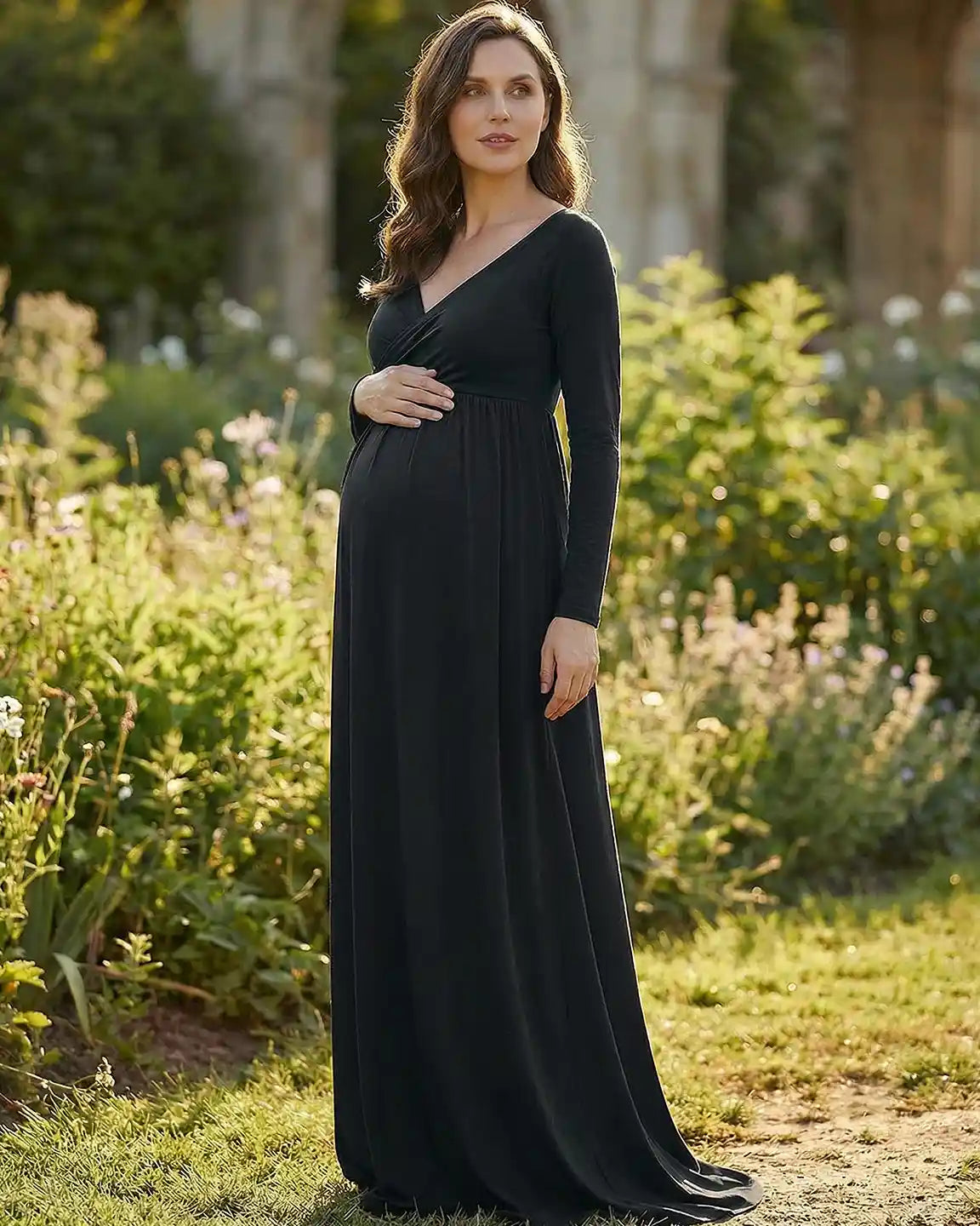 Long-Sleeve Full Train Maternity Maxi Dress