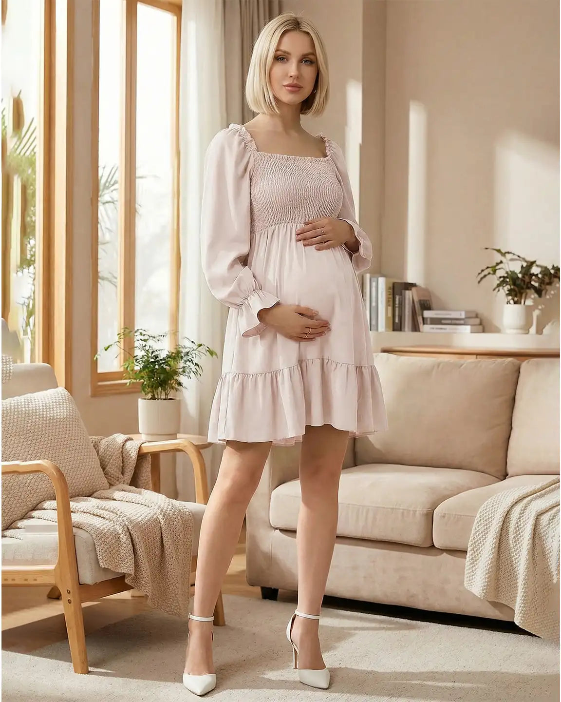 Flared Sleeve Smocked Babydoll Maternity Dress