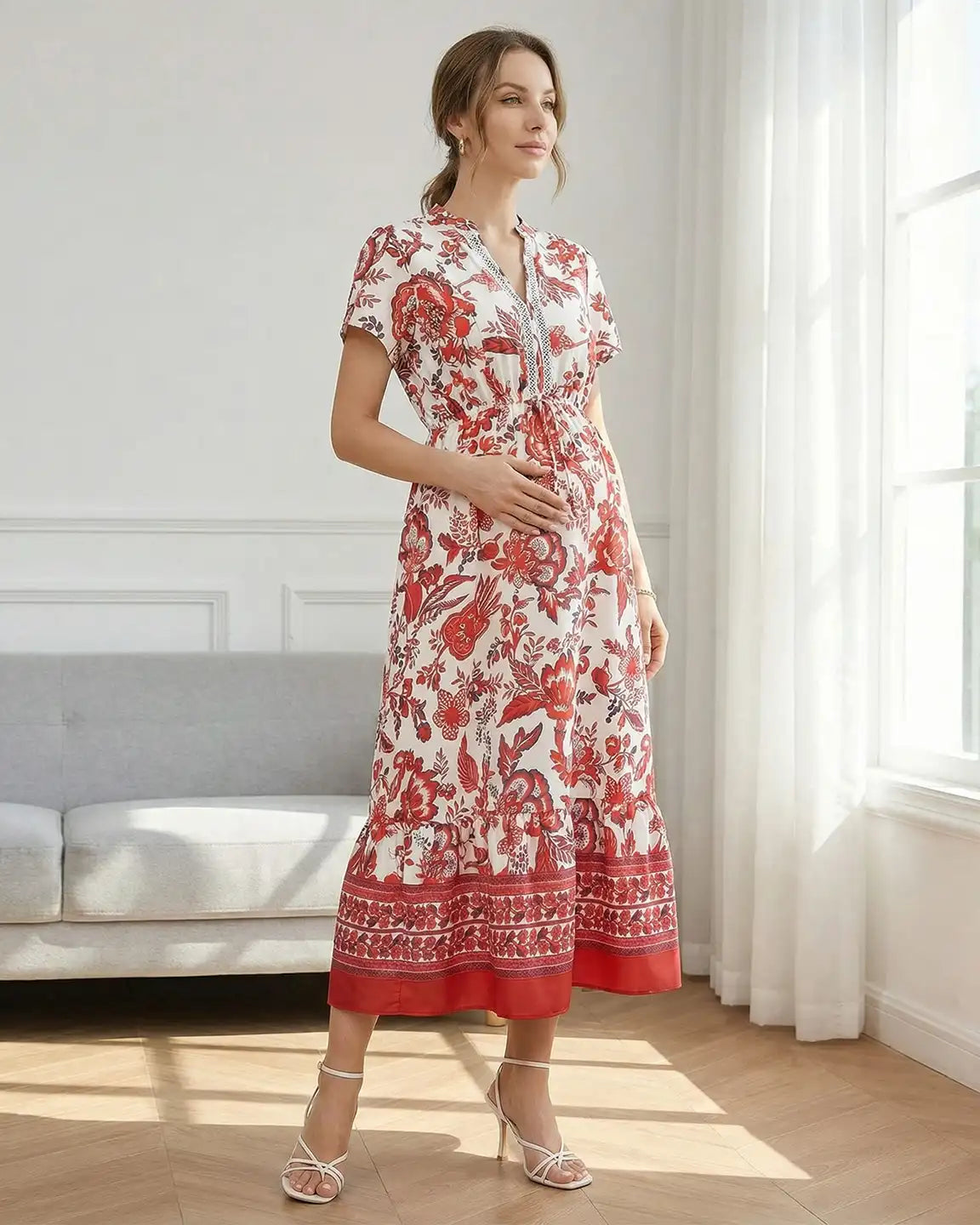 Retro Floral Print Boho Maternity Dress