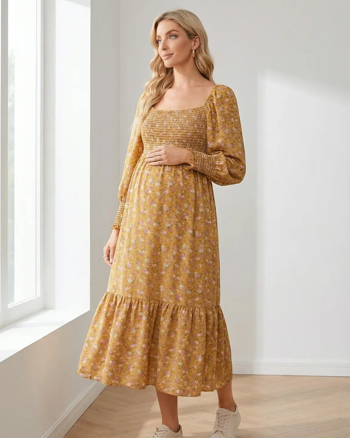 Shirred Bodice Floral Maternity Midi Dress