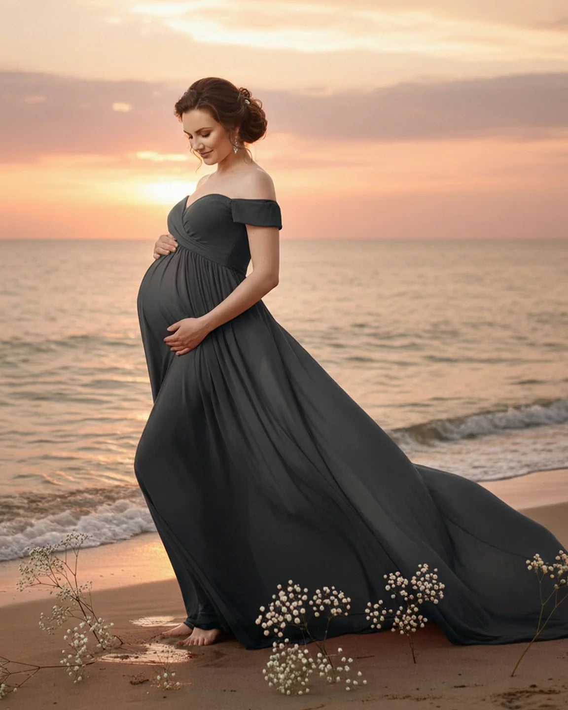 Off-Shoulder Dreamy Maternity Photography Gown