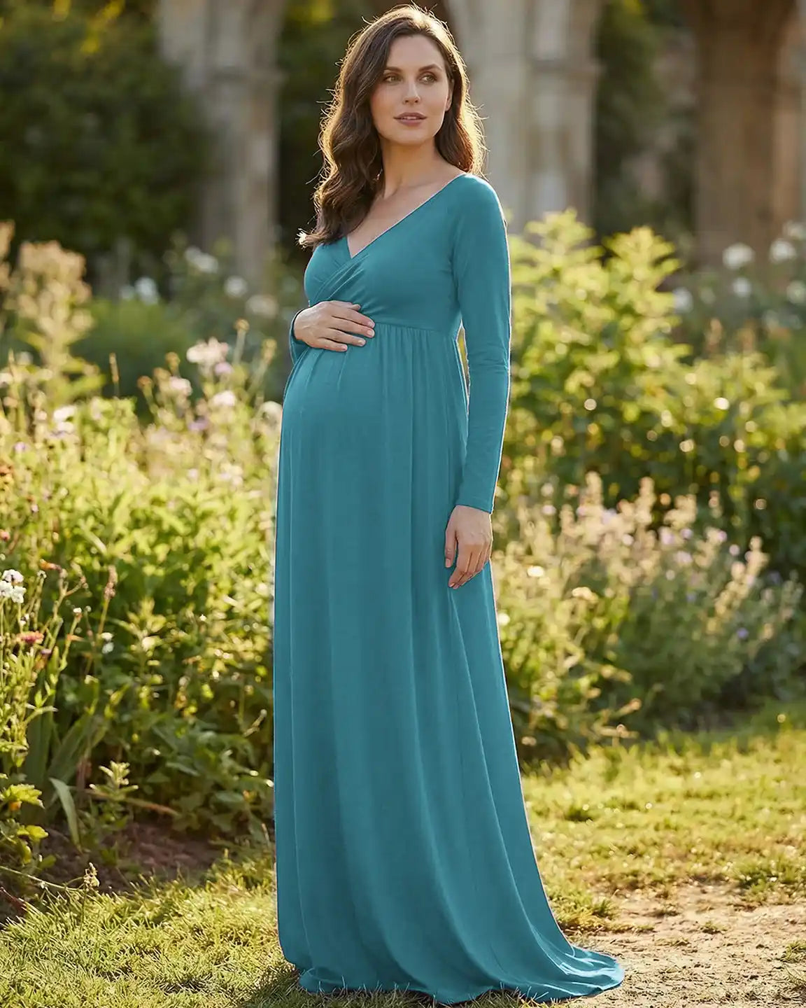 Long-Sleeve Full Train Maternity Maxi Dress