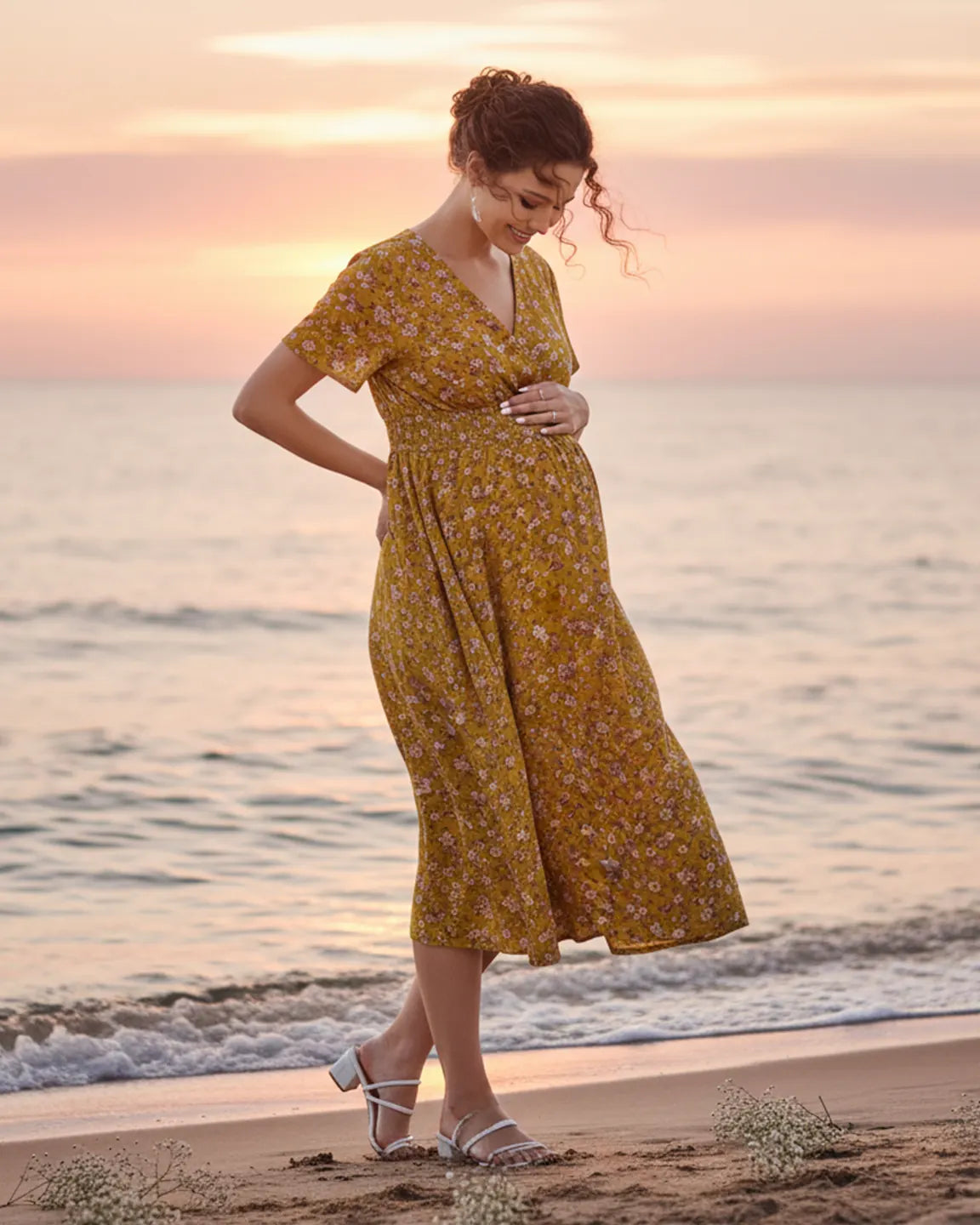 Smocked-Waist A-Line Maternity Dress