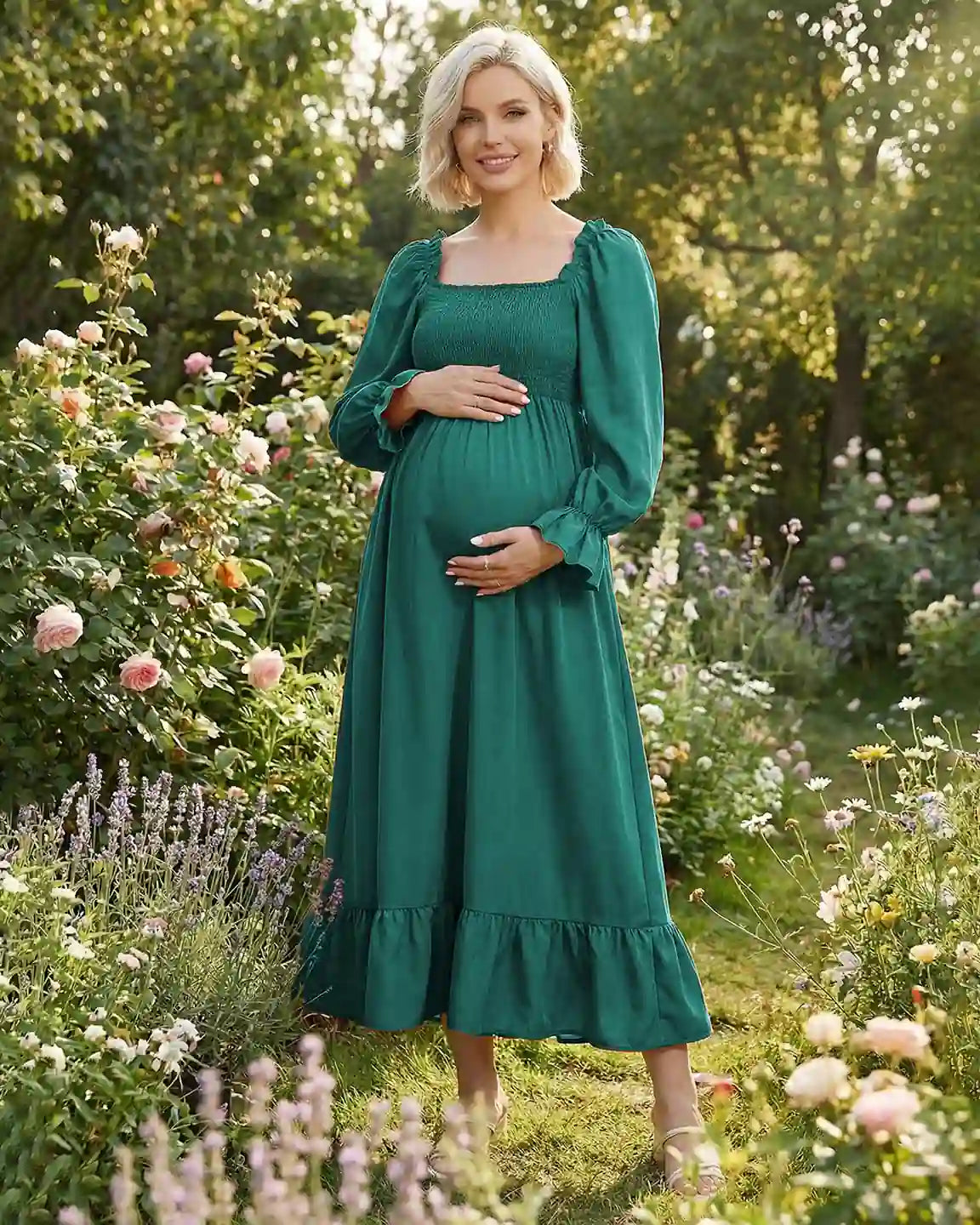 Ruffled Square-Neck Babydoll Maternity Maxi Dress