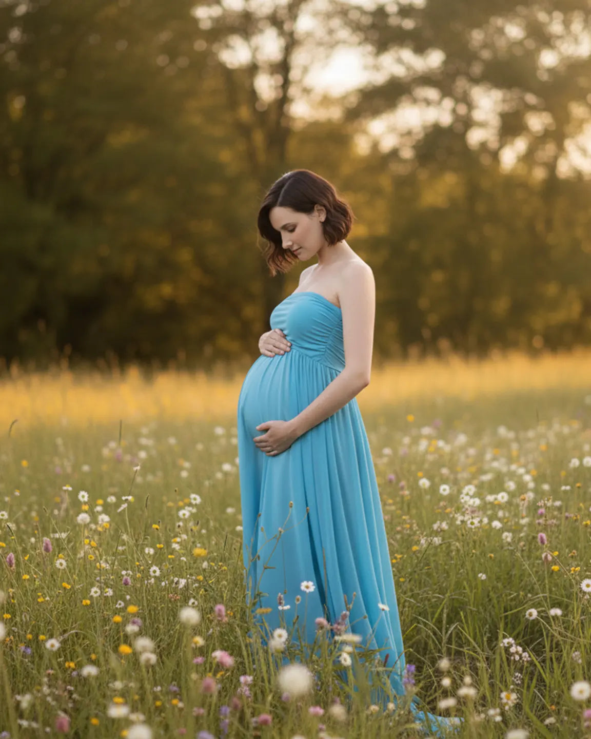 Strapless Ruched Front Slit Maternity Photoshoot Dress