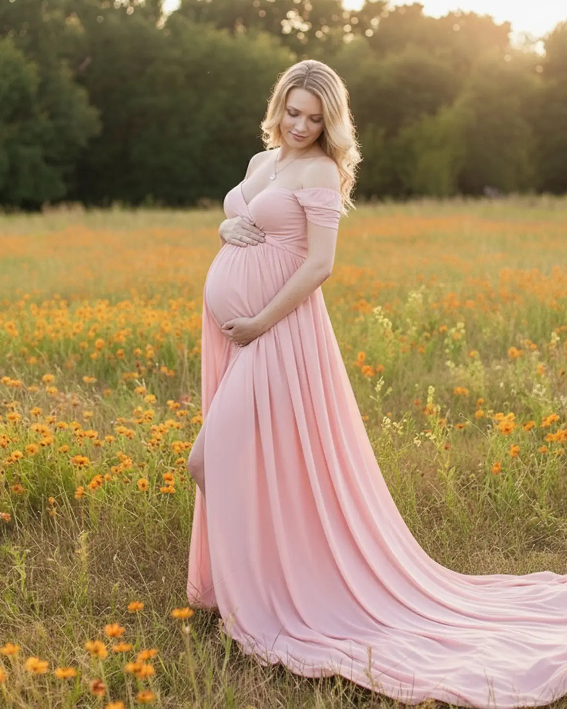 Off Shoulder Laced Flowing Maternity Maxi Dress