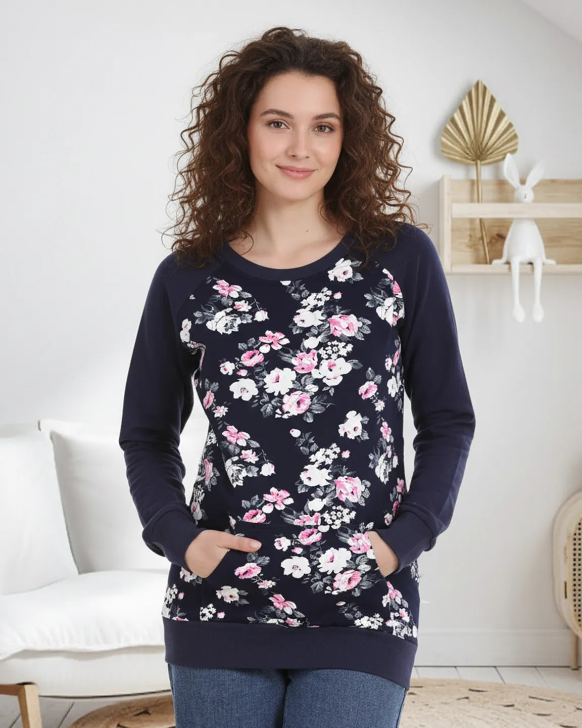 Crew Neck Floral Print Loose Fit Nursing Sweatshirt