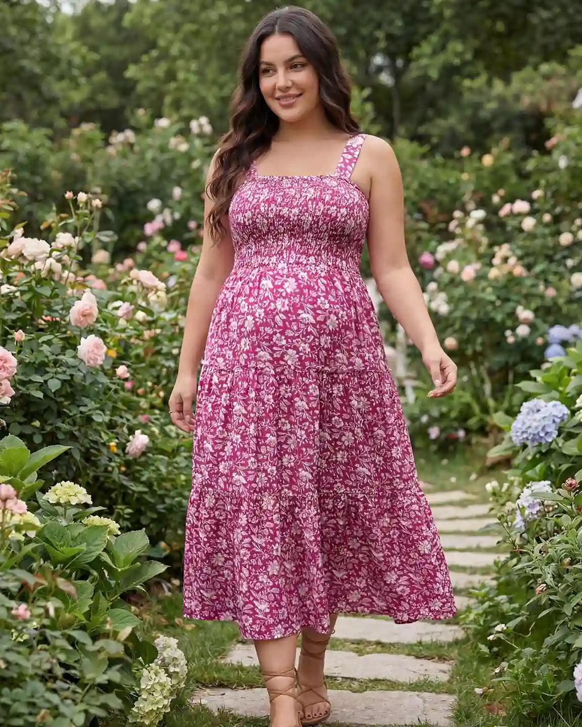 Smocked Floral A-Line Maternity Midi Dress