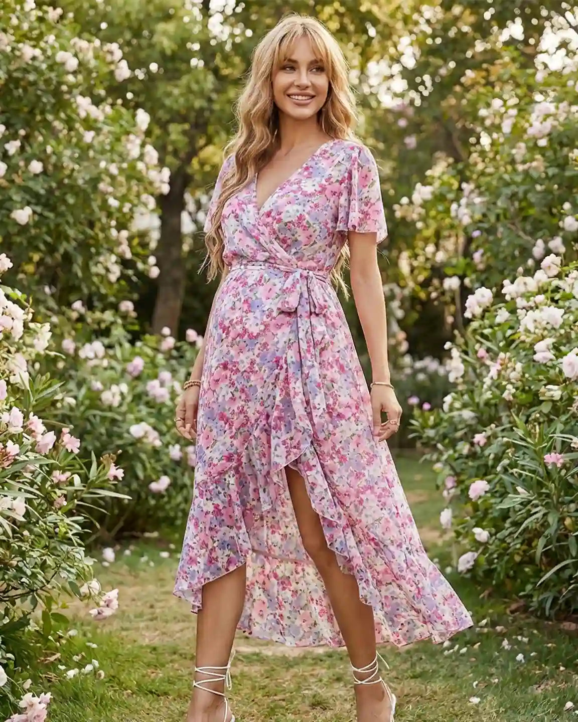 Floral V-neck Ruffled Hem Maternity Midi Dress