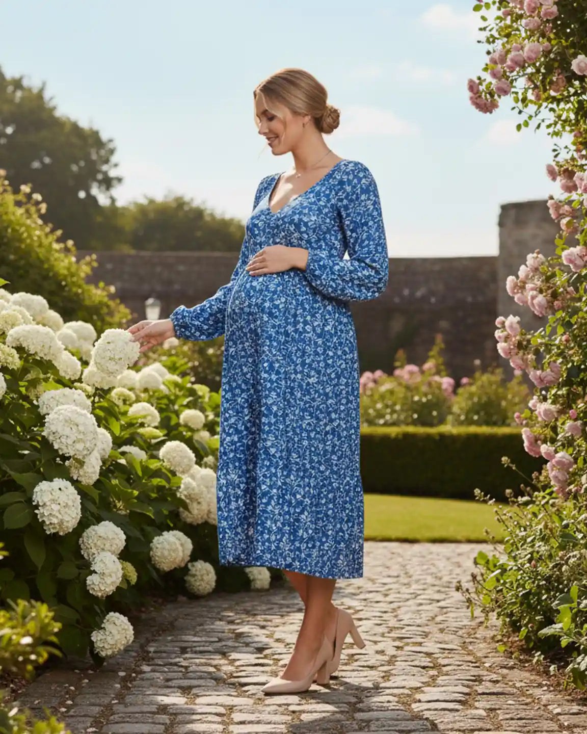 Balloon-Sleeve A-Line Maternity Dress