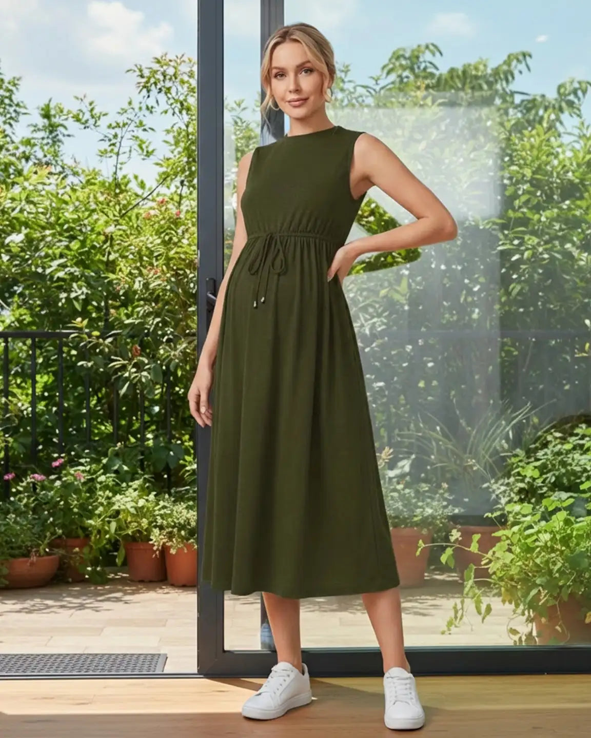 Drawstring Waist Sleeveless Maternity Midi Dress