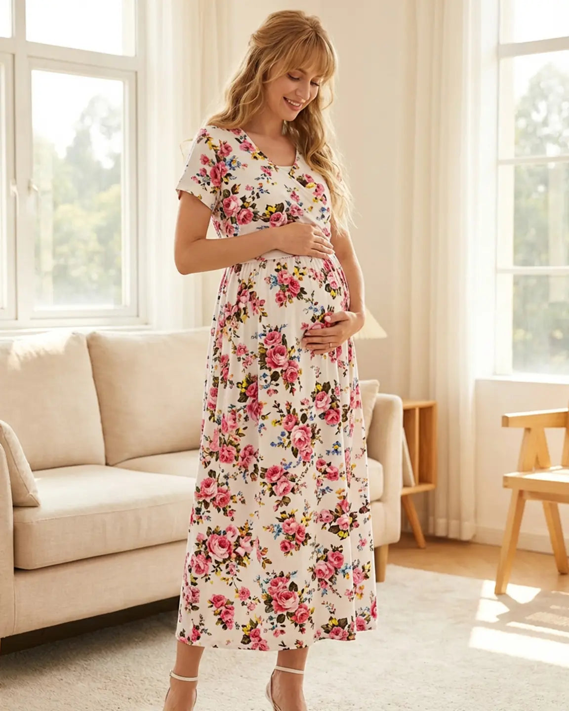 Floral V-Neck Tie-Belt Nursing Maxi Dress