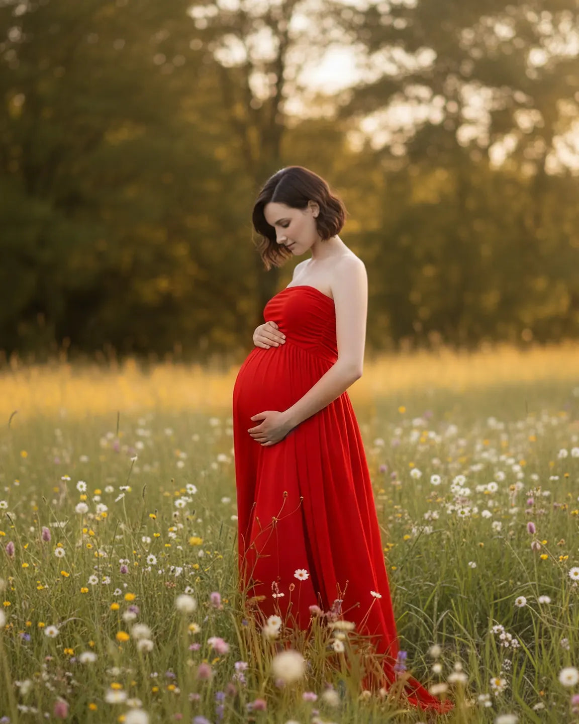 Strapless Ruched Front Slit Maternity Photoshoot Dress