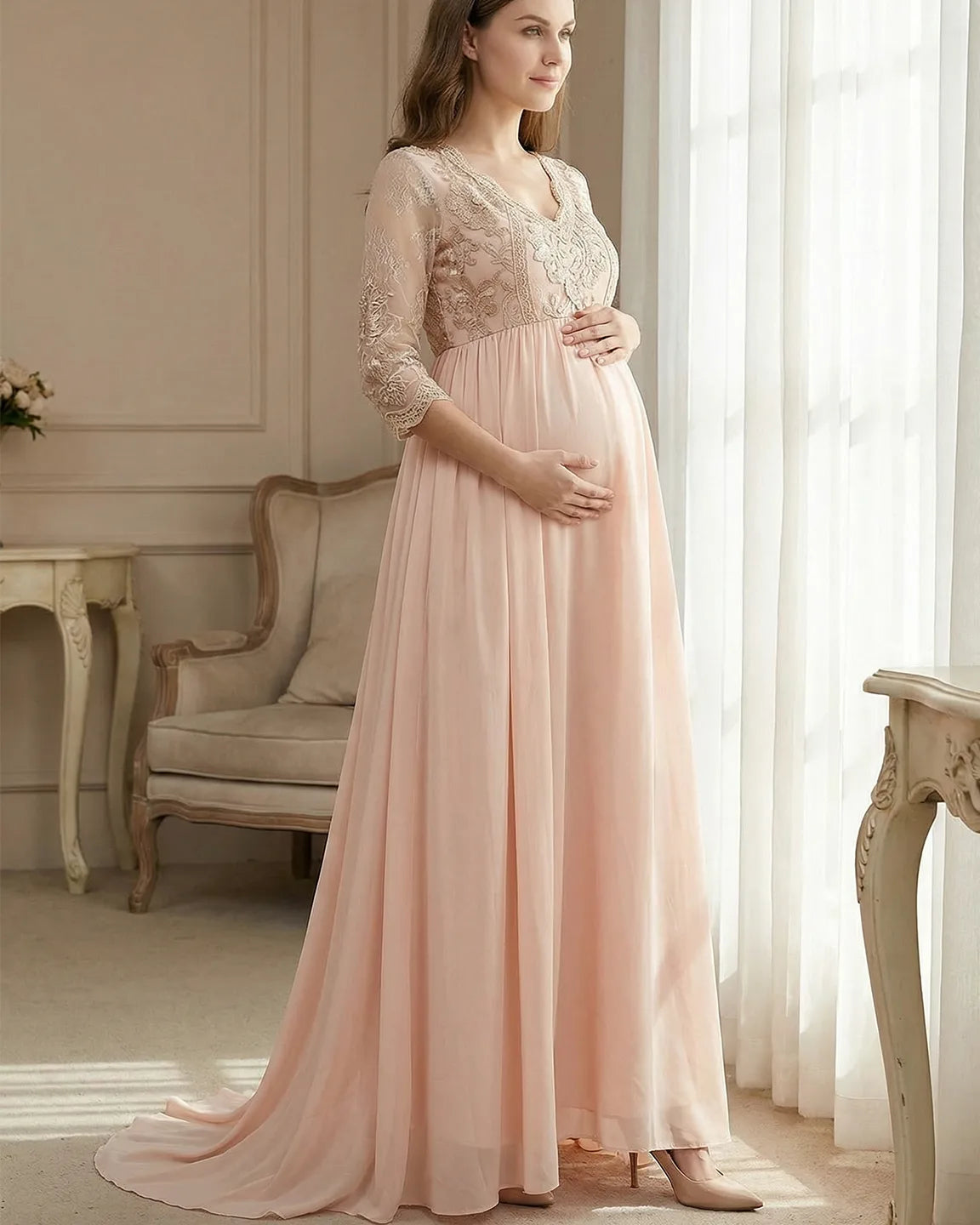 Sheer Lace Bodice Trailing Maternity Photoshoot Dress