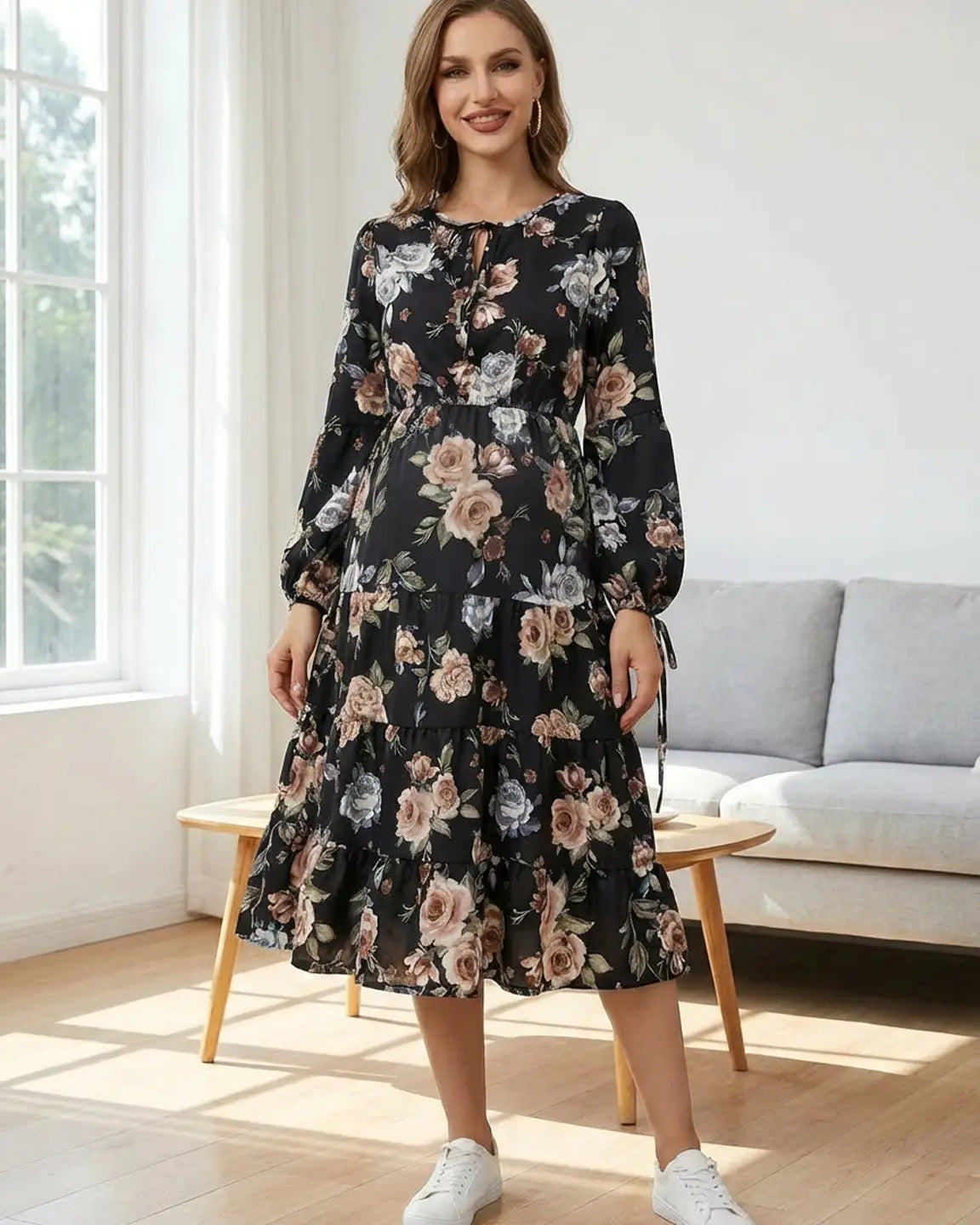 Floral Tiered Hem Boho Maternity Midi Dress