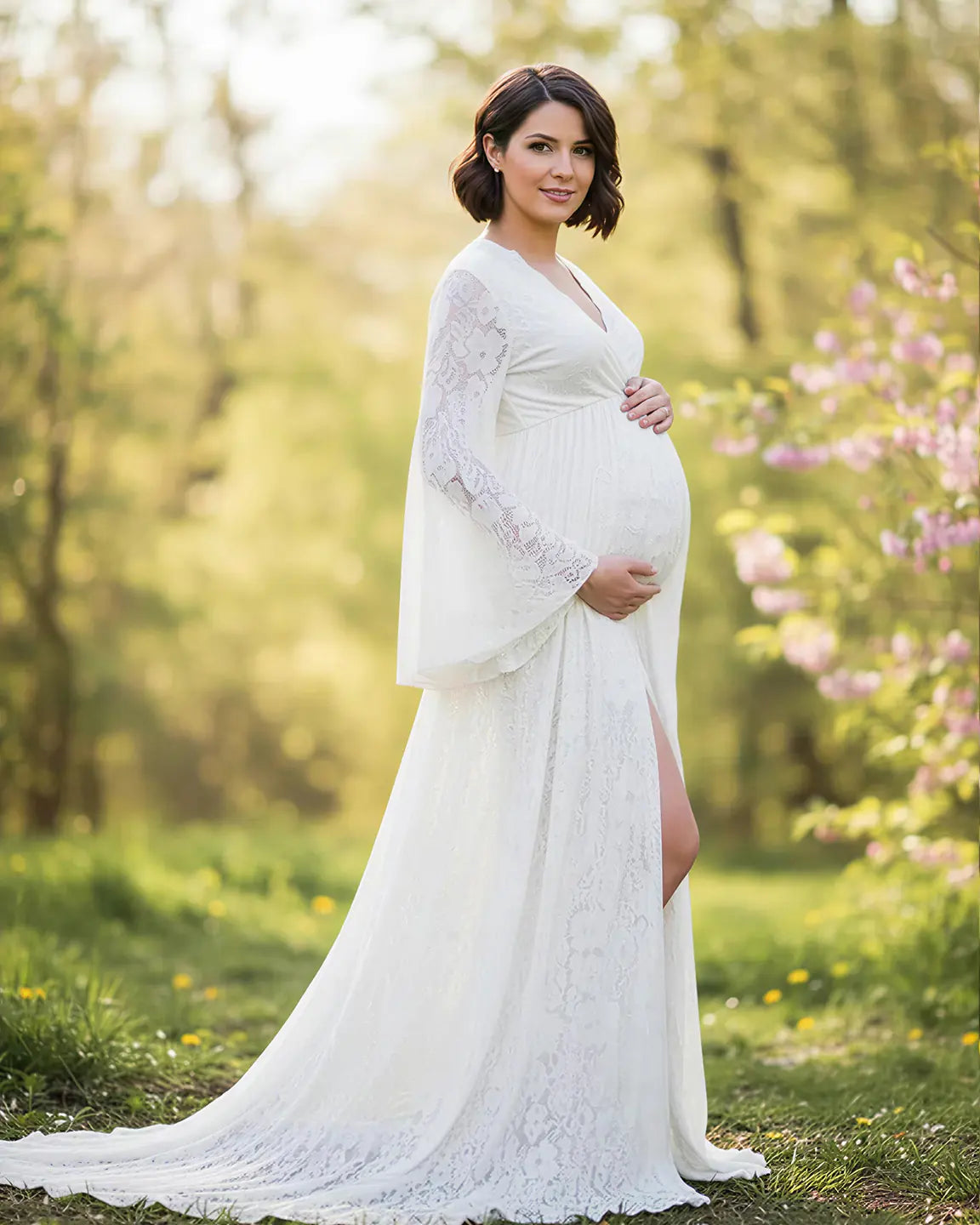 Long Bell Sleeve See Through Maternity Gown
