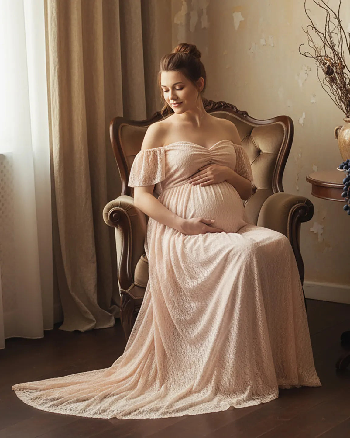 Off-Shoulder Flowing Lace Maternity Maxi Dress