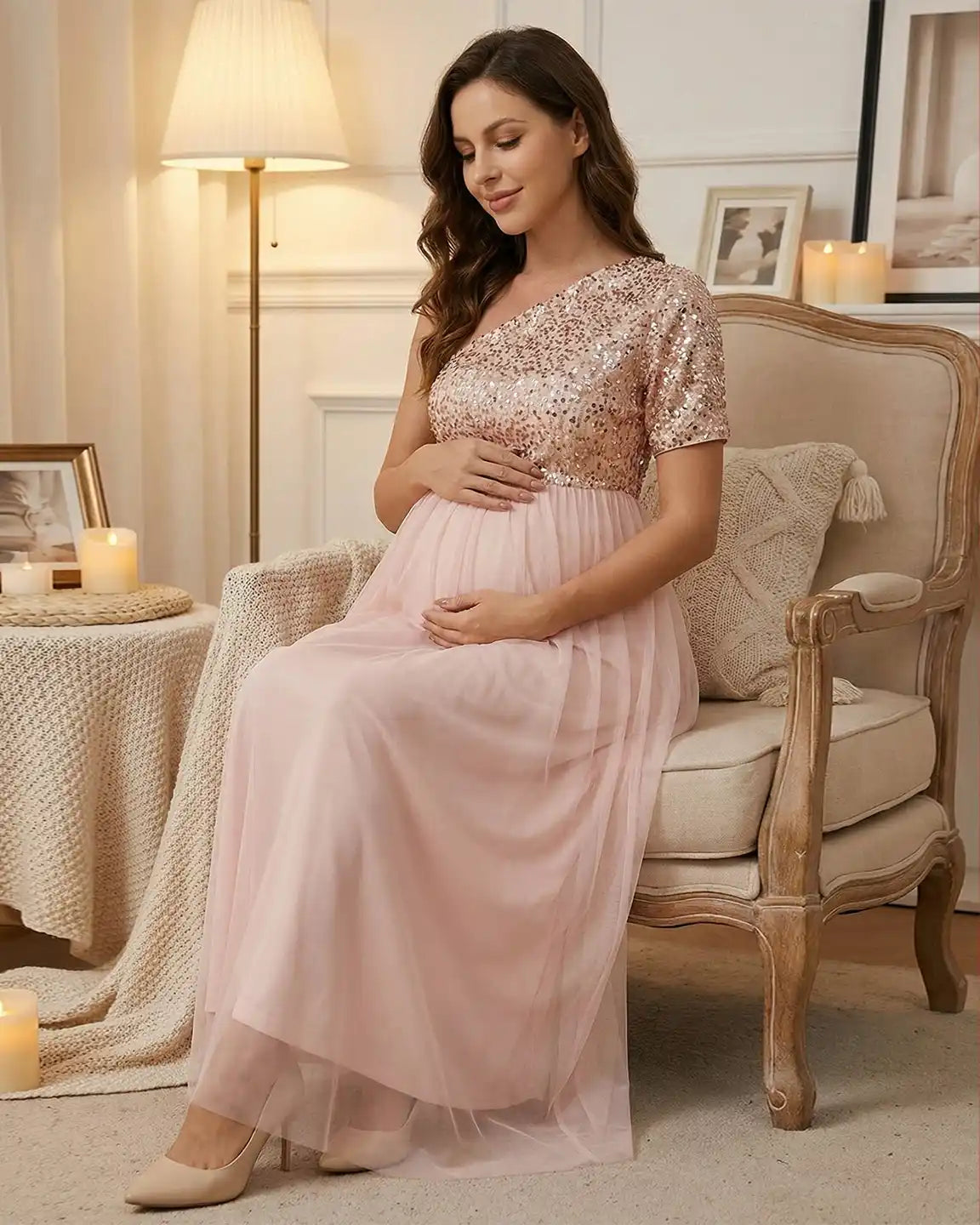 Sequin Bodice Flowing Mesh Maternity Maxi Dress